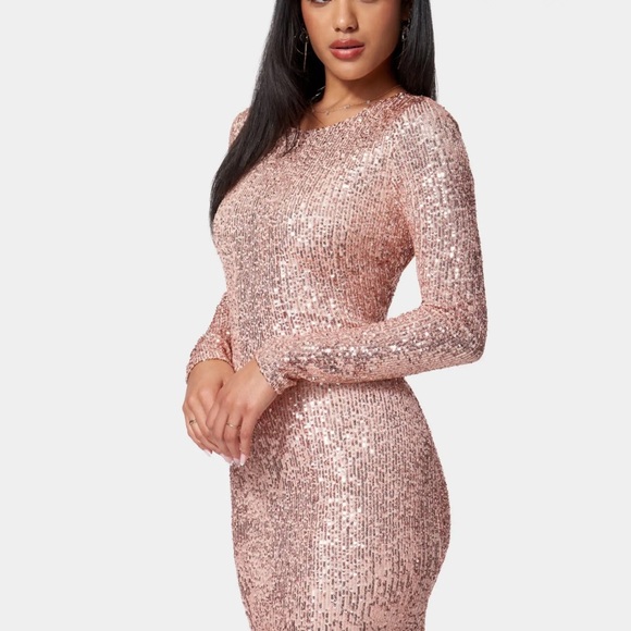 BEBE Sequin Cowl Back Midi Dress - Rose Gold - Picture 3 of 7